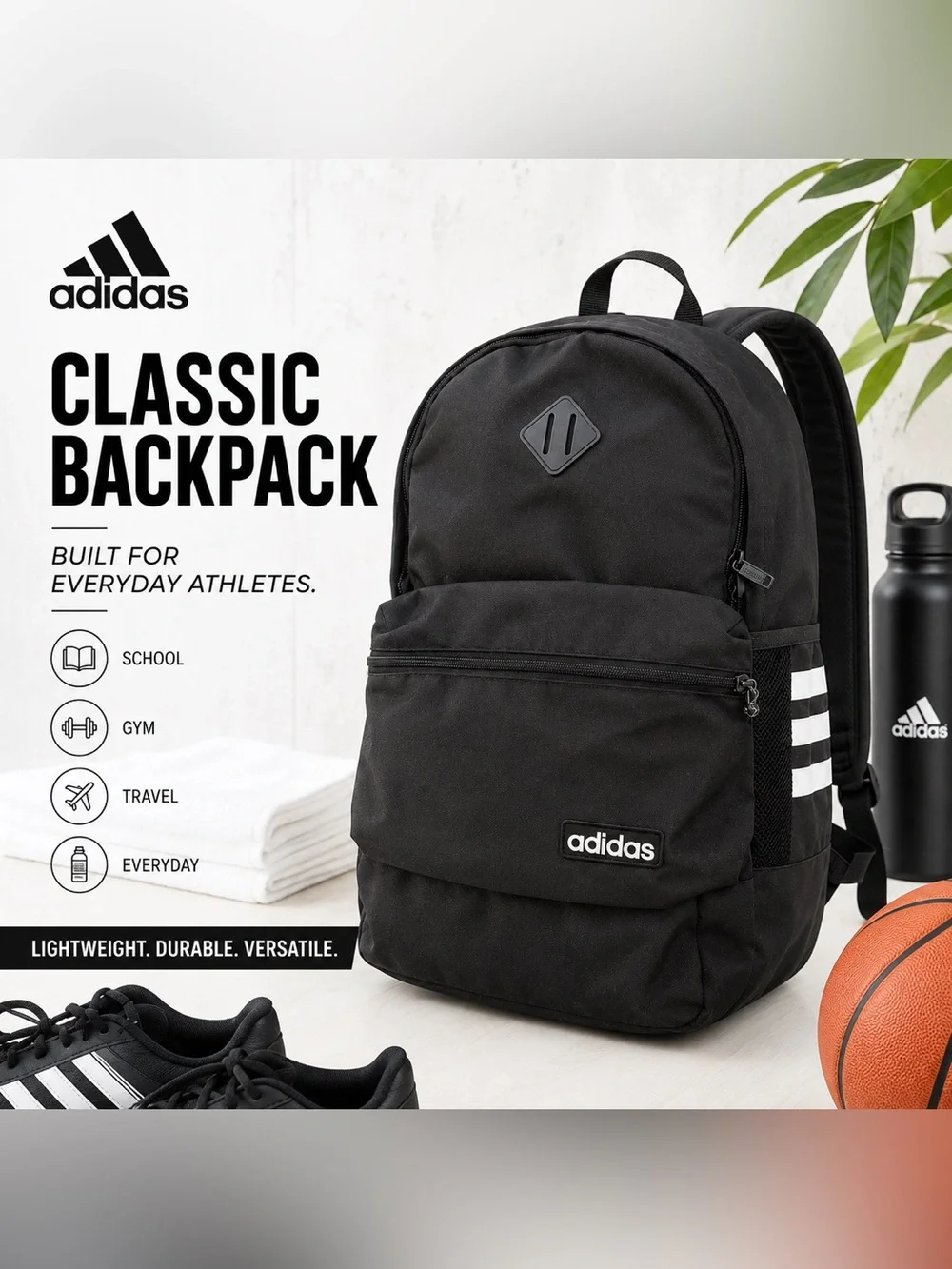 Adidas Black Classic Backpack School Travel Gym Book Bag Unisex